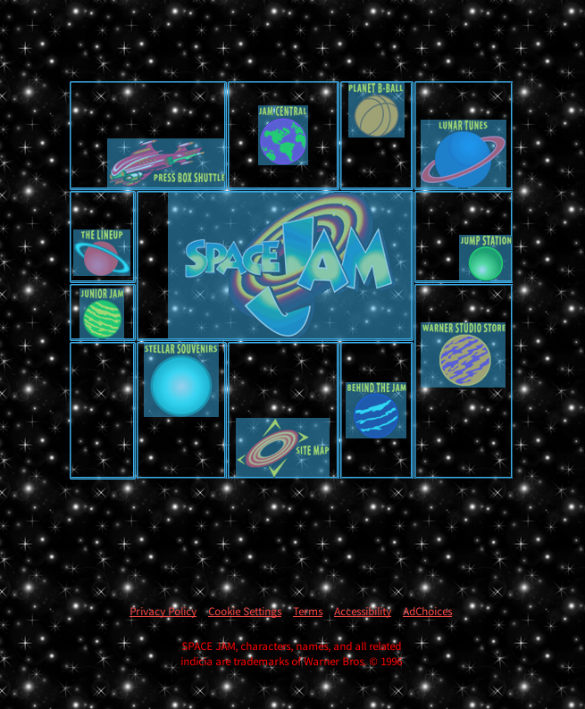 A screen capture of the Space Jam website, created around 1996, before the development of CSS.