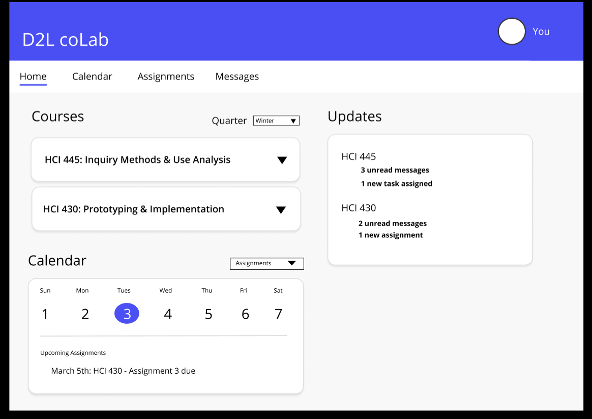 A screenshot of the d2l coLab desktop prototype